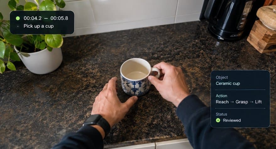 First-person view of two hands picking up a ceramic cup on a stone kitchen counter, annotated with the time span 00:04.2 to 00:05.8, the object, the action Reach, Grasp, Lift, and a Reviewed status.