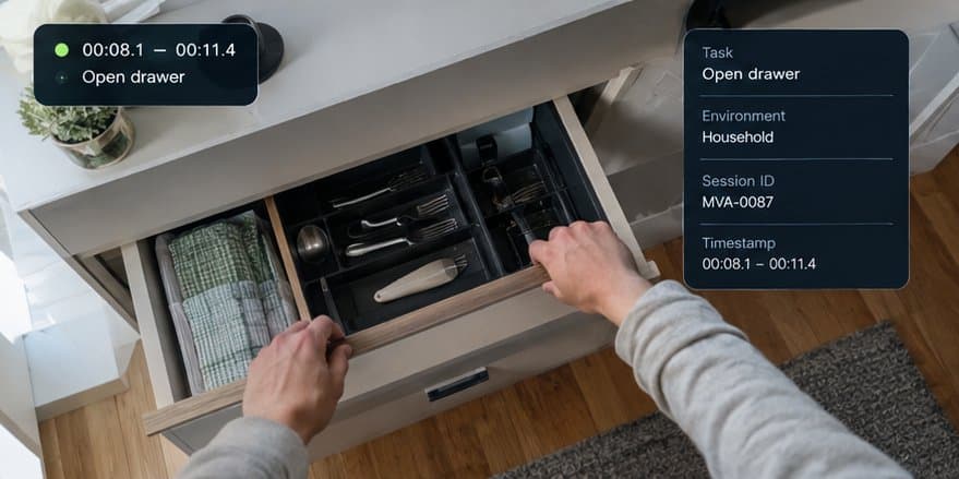 First-person view of two hands opening a kitchen drawer of cutlery in a home, annotated with the task Open drawer, the environment Household, a session ID and a timestamp.